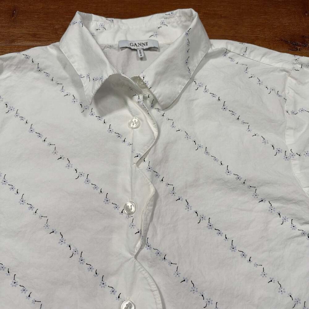 Ganni Button Up Shirt Womens 34 2 White Floral Long Sleeve Blouse Woven Flower